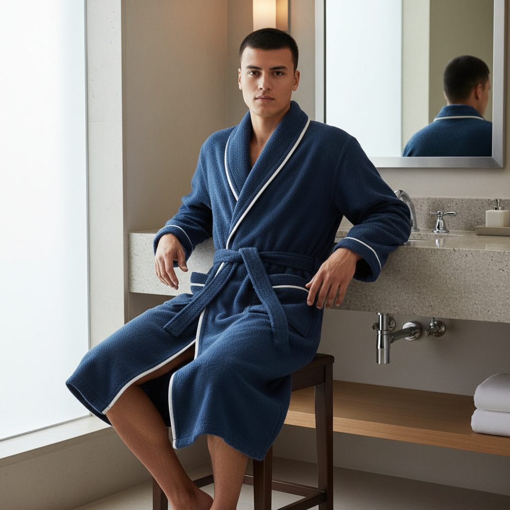 Luxury Hotel Style Cotton Bathrobe – Blue Velour Robe with Pockets and Belt