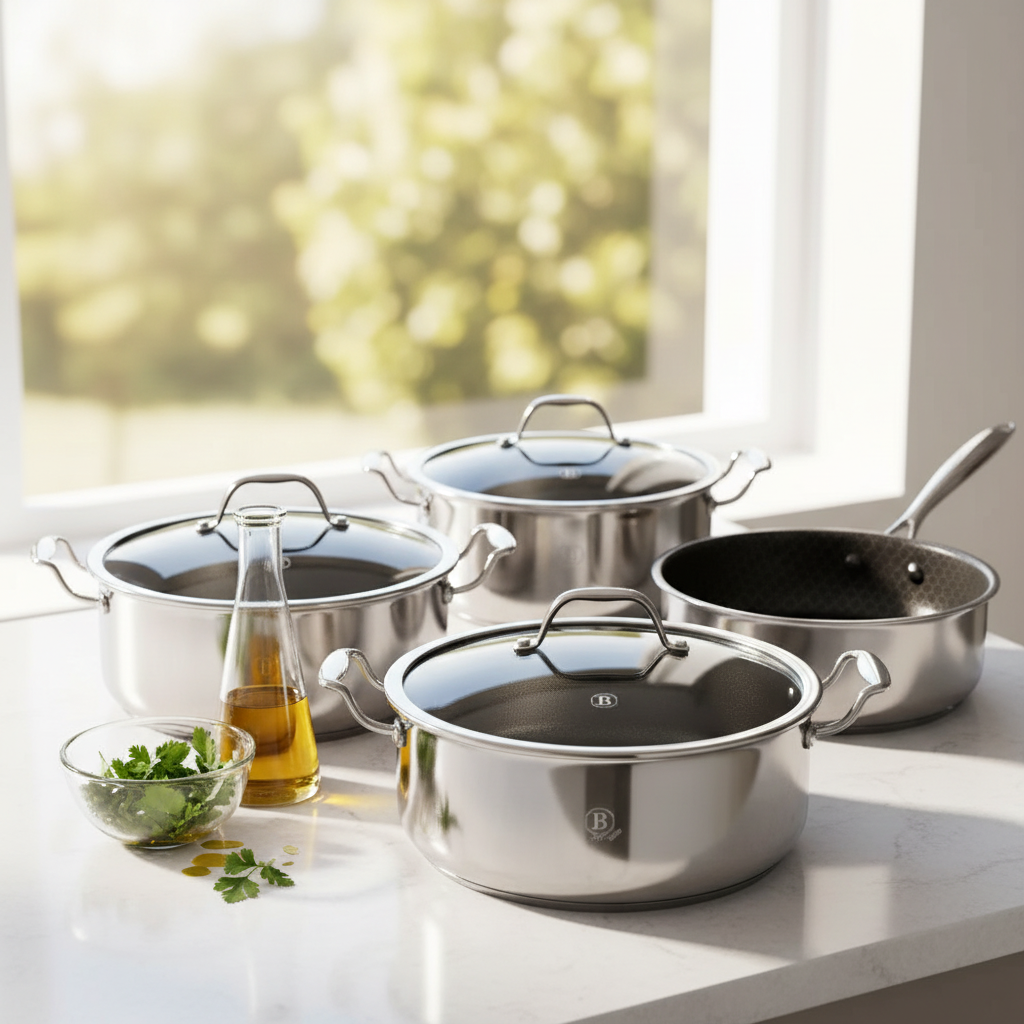Berlinger Haus 8-Piece Cookware Set, Premium 3-Layer Stainless Steel Construction, Whitford ETERNA Non-Stick Coating