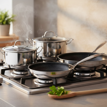 Berlinger Haus 8-Piece Cookware Set, Premium 3-Layer Stainless Steel Construction, Whitford ETERNA Non-Stick Coating
