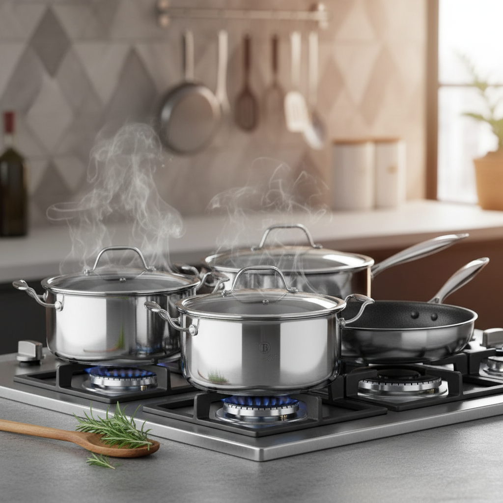 Berlinger Haus 8-Piece Cookware Set, Premium 3-Layer Stainless Steel Construction, Whitford ETERNA Non-Stick Coating