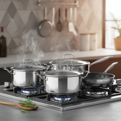 Berlinger Haus 8-Piece Cookware Set, Premium 3-Layer Stainless Steel Construction, Whitford ETERNA Non-Stick Coating