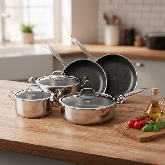 Berlinger Haus 8-Piece Cookware Set, Premium 3-Layer Stainless Steel Construction, Whitford ETERNA Non-Stick Coating