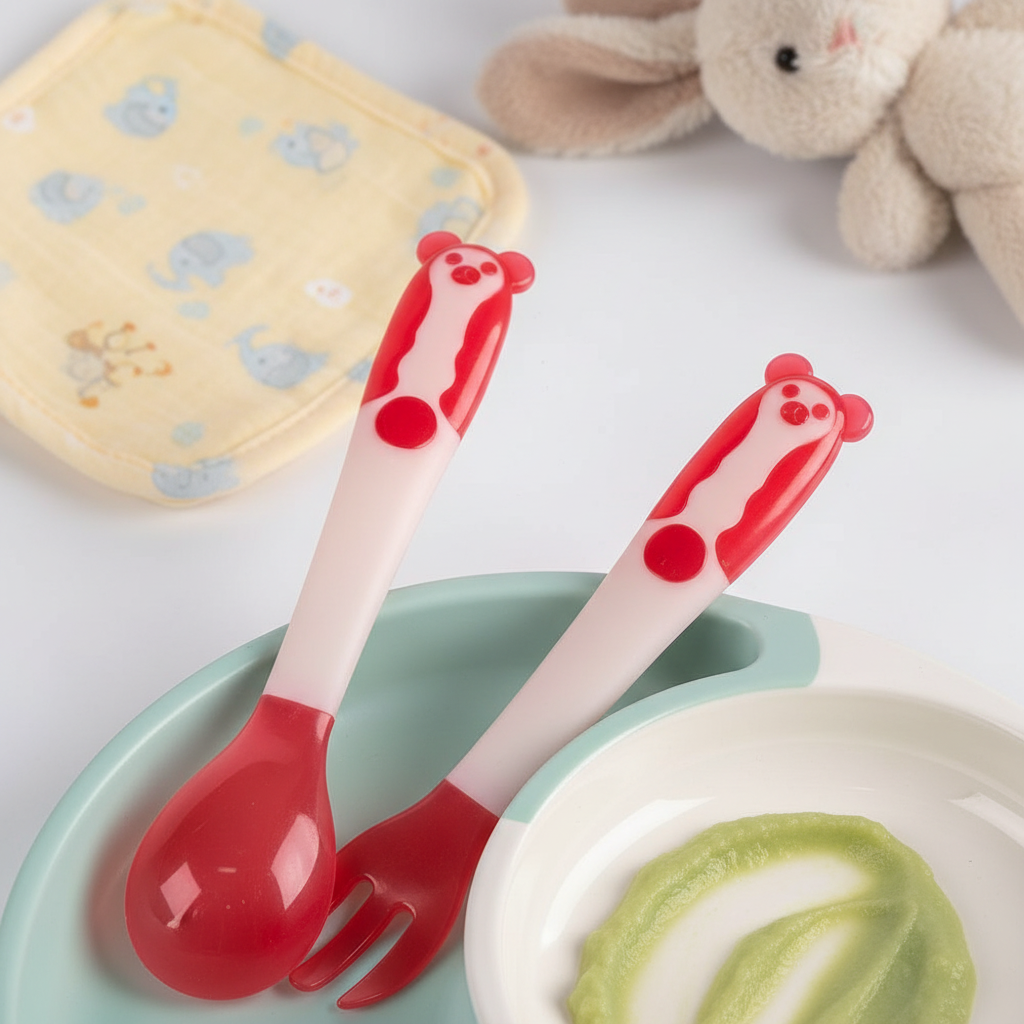 Baby Temperature Sensing Spoon And Fork Set, Bendable Silicone Baby Utensils BPA Free