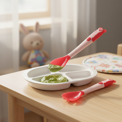 Baby Temperature Sensing Spoon And Fork Set, Bendable Silicone Baby Utensils BPA Free