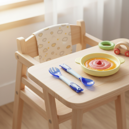 Baby Temperature Sensing Spoon And Fork Set,  Bendable Silicone Baby Utensils BPA Free, blue