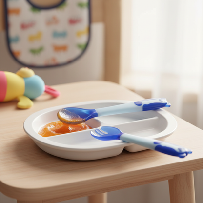 Baby Temperature Sensing Spoon And Fork Set,  Bendable Silicone Baby Utensils BPA Free, blue