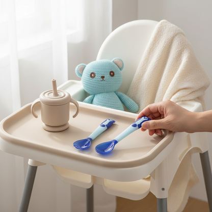 Baby Temperature Sensing Spoon And Fork Set,  Bendable Silicone Baby Utensils BPA Free, blue