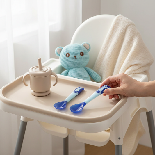 Baby Temperature Sensing Spoon And Fork Set,  Bendable Silicone Baby Utensils BPA Free, blue